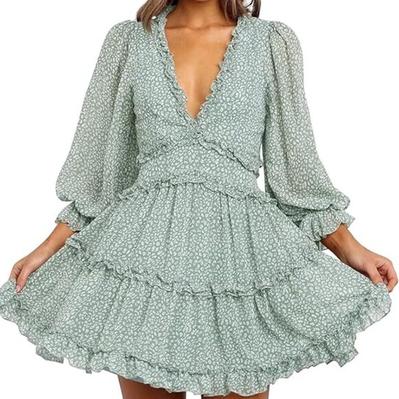 Long Sleeve Ruffle Layer A Line Chiffon Swing Mini Dress - Picture 2 of 5
